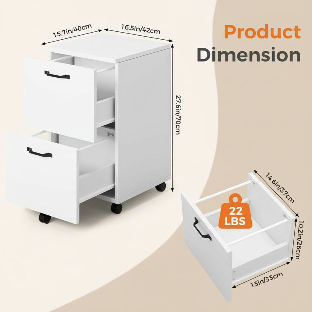 2-Drawer File Cabinet,Rolling File Cabinet with Locking Casters,2 Drawer Storage for A4 & Letter Size,Mobile Organizer for Home Office and Dorm Room